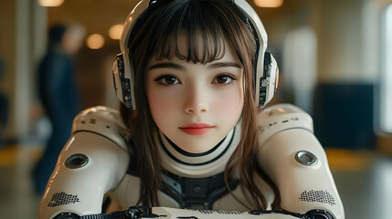 Wall Mural - Close up portrait of a female cyborg with white robotic arms and headphones, looking at the camera.