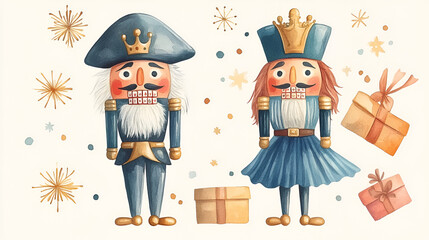 Wall Mural - Charming Nutcracker Couple for Your Holiday Designs! Watercolor Illustration