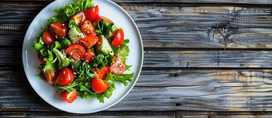 Wall Mural - Vegetarian Salad Of Fresh Vegetables On A White Plate On A Wooden Background