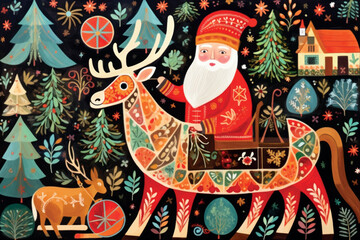 Wall Mural - Whimsical Santa with reindeer art