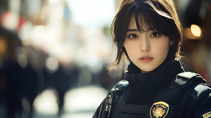 Sticker - Close up portrait of a young woman with short dark hair, wearing a black tactical vest with a badge, looking at the camera.