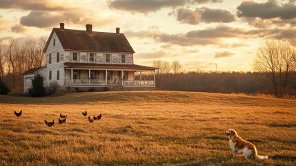 Golden Retriever Dog in Field with Chickens and Old Farmhouse at Sunset