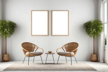 Minimalist Living Room with Two Wicker Chairs and Empty Frames