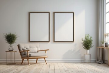 Modern Living Room with Two Empty Frames, Armchair, and Plants