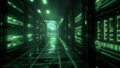 Dark and eerie data center hallway with rows of glowing green computer equipment, leading to an office where the window is dimly lit by moonlight. The room's atmosphere exudes mystery as if it was hau