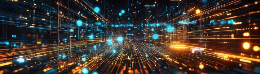 A virtual marketplace where buyers and sellers trade digital assets, their interactions represented as glowing lines of code