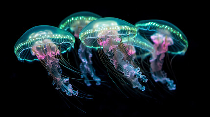 Poster - A group of jellyfish with neon green and pink bioluminescent colors, drifting through a dark ocean, their tentacles creating a delicate dance of light.