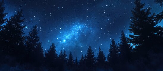 Wall Mural - 3D cartoon visualization of a dark blue night sky filled with stars above a landscape of trees with a Milky Way cosmos backdrop