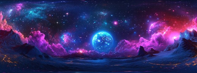 Aufkleber - 360 degree space background with nebula and stars featuring equirectangular projection and environment map in a 3D cartoon rendering HDRI spherical panorama 3D illustration