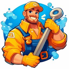 Cartoon Plumber Holding a Wrench with Bubbles in the Background