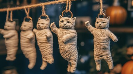 Cute handmade cat-shaped ornaments wrapped in twine, hanging from a rope. Artistic decorations with a cozy, whimsical vibe.