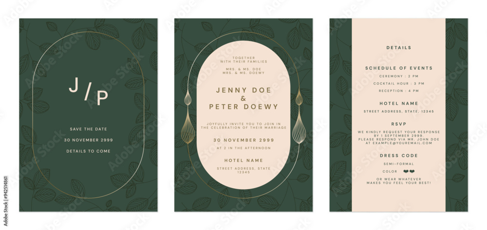 Wedding invitation template set, minimal elegant leaves in green and ...