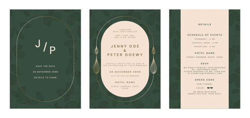 Wall Mural - Wedding invitation template set, minimal elegant leaves in green and gold tones