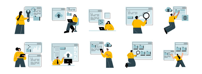 Digital Engineering flat illustration set. Include of technology, digital, engineering, data, and system. Vector illustration isolated transparent background