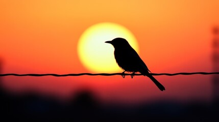 Wall Mural - Silhouette of a bird perched on a wire at sunset