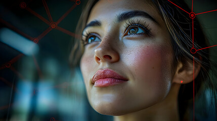 Wall Mural - Close-up portrait of a woman with a red network pattern behind her head.