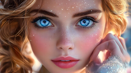 Poster - Closeup portrait of a woman with blue eyes and freckles.