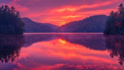 Poster - Stunning sunset reflecting over a serene lake surrounded by mountains