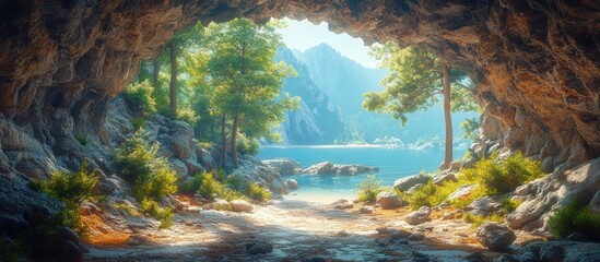 Wall Mural - Cave Entrance to a Tranquil Lake