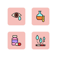 Canvas Print - Medicine and experiment line icon set. Painkillers, bottle with pills, eye drops, flask and test tube. Medicine concept. Vector illustration can be used for topics like health, pharmacy, laboratory