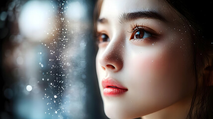 Close-up portrait of a woman's face with raindrops on her skin.