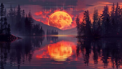 Sticker - Vivid sunset reflection over a tranquil lake surrounded by trees