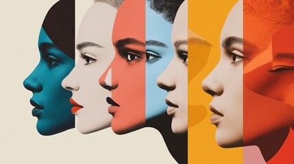 Wall Mural - Colorful Faces: A vibrant abstract portrait, showcasing the beauty and diversity of human faces, each painted in bold, saturated colors. A contemporary artwork that celebrates individuality and unique