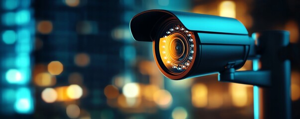 Close-up of a modern security camera capturing urban nightlife with a bokeh background, illustrating surveillance technology.