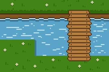 Pixel art of tiles set background, with green park, white flower, river and wooden bridge. can be used for wallpaper, template card and background. Simple and cute card.