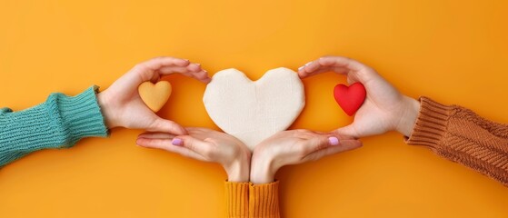 Two hands holding a white heart with smaller hearts in each hand.