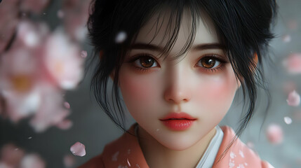 Sticker - Close-up portrait of a young woman with brown eyes and pink cheeks, surrounded by delicate pink blossoms.