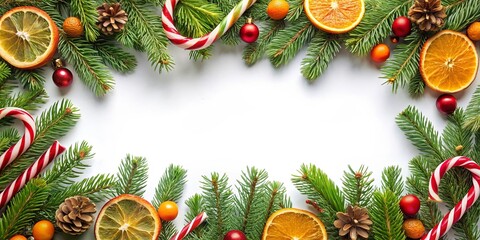 Christmas decoration border with pine branches, candy canes, and oranges for a festive holiday ornament