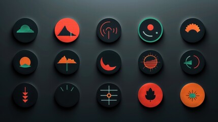 Poster - Colorful Abstract Circular Icons on Dark Background.