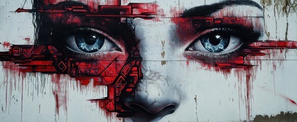 Red and Blue Eyes Graffiti on a White Wall