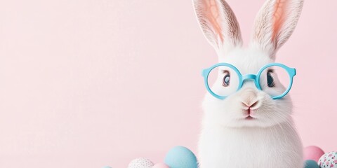 Wall Mural - white rabbit popping out of a paper hole, surrounded by colorful easter eggs and confetti on a paste