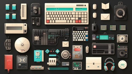 Poster - Retro Tech Gadgets and Devices Flat Lay.