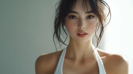 Poster - Close-up portrait of a young woman with long dark hair and natural makeup, looking at the camera with a soft smile.