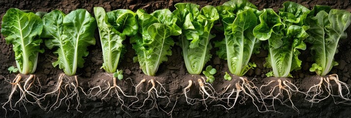 Wall Mural - Product photography showcasing a cutaway view of ten lettuce plants with their roots in the soil.