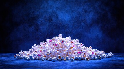 Wall Mural - Tiny 3D Popcorn in Blue and Purple Neon Colors Isolated on a Dark Gradient Background with Ample Copy Space, Showcasing a Vibrant and Modern Design for Creative and Eye-Catching Visuals