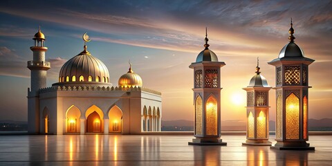 A mosque with two lanterns hanging from it, symbolizing spirituality and tradition