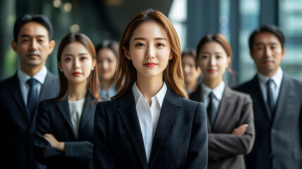 Sticker - Confident businesswoman standing in front of a team of business professionals.