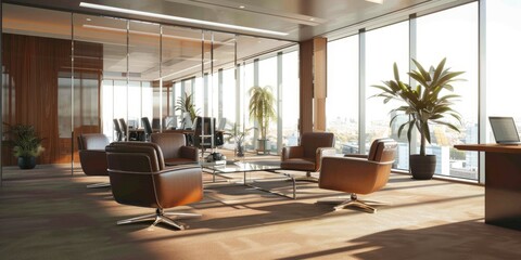 Canvas Print - Contemporary office with spacious windows sleek glass dividers and stylish furniture Bright walls and rich brown carpeting