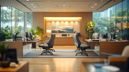 Wall Mural - Empty modern office with wood desks and chairs, a view of lush greenery, and a person working in the background.