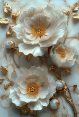 Wall Mural - 3D floral wall art, in white and gold colors