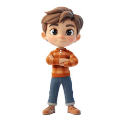 Cute Cartoon Boy with Brown Hair  Plaid Shirt  and Jeans