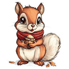 Wall Mural - Cute Squirrel Holding Acorn With Red Scarf Cartoon Illustration