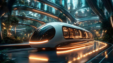 Wall Mural - Futuristic train traveling through a glowing tunnel with trees.