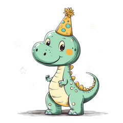 Wall Mural - Cute Green Dinosaur Wearing Party Hat with Stars