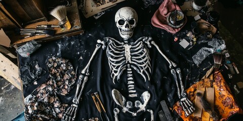 Wall Mural - a DIY skeleton costume with hand-painted bones on a black bodysuit, surrounded by fabric scraps and brushes, set on a dark crafting table