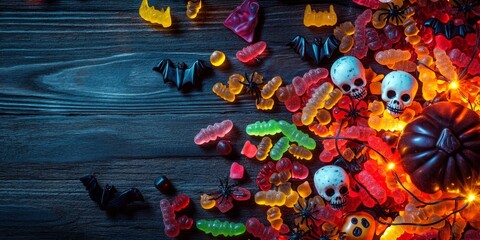 Wall Mural - Spooky candy mix featuring gummy spiders, chocolate bats, and skull-shaped candies, spread out on a dark wooden table with glowing Halloween lights